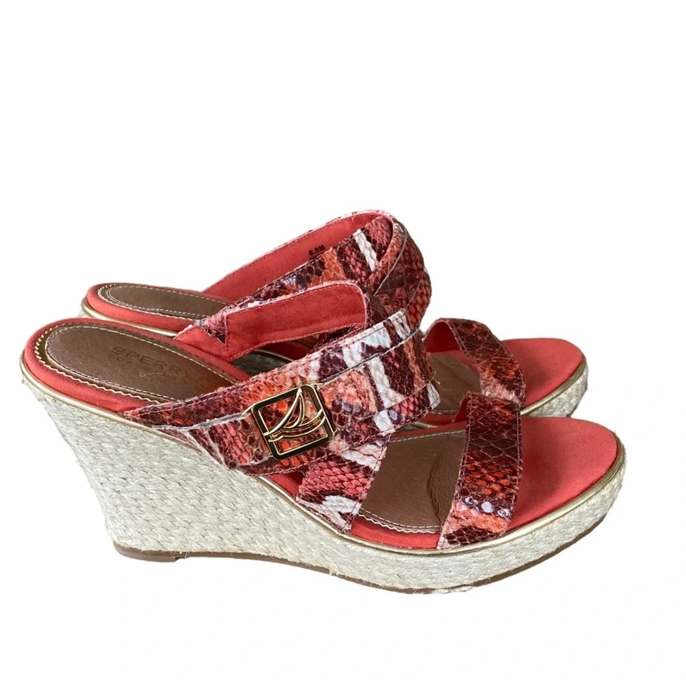 Sperry Maris orange faux python print wedge strappy sandals women’s size 6.5
